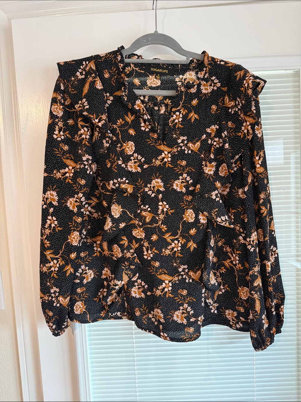 Black Floral Ruffle-Trim Blouse